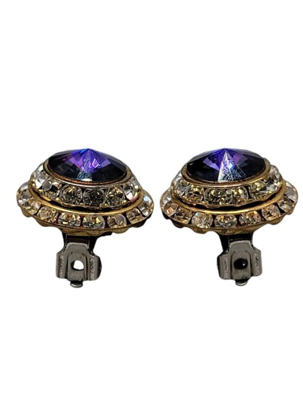 Vintage Lilac Rivoli Clip On Earrings Double Crystal Halo Domed Gold Tone - Picture 6 of 11